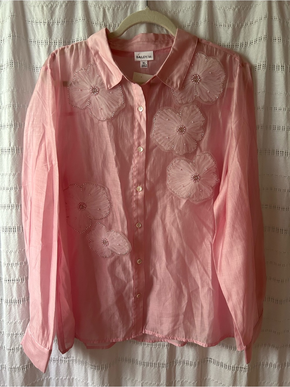 Bailey 44 Floral Appliqué Pink Sheer Blouse Button-Down Shirt
